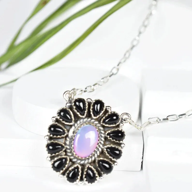 Vintage Aurora Opal And Black Onyx Cluster Bohemian Pendant - 925 Sterling Silver Native American Pendant