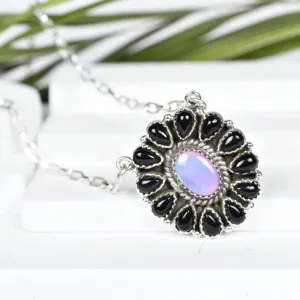 Vintage Aurora Opal And Black Onyx Cluster Bohemian Pendant - 925 Sterling Silver Native American Pendant