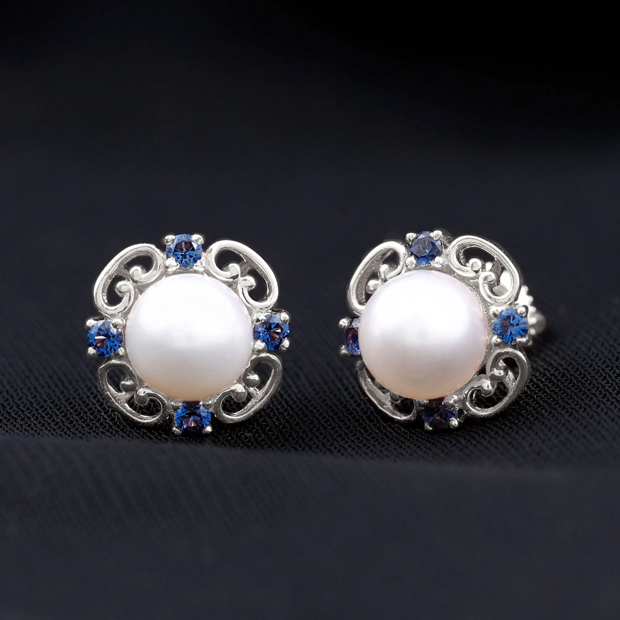 Vintage Freshwater Pearl Stud Earrings with Created Blue Sapphire