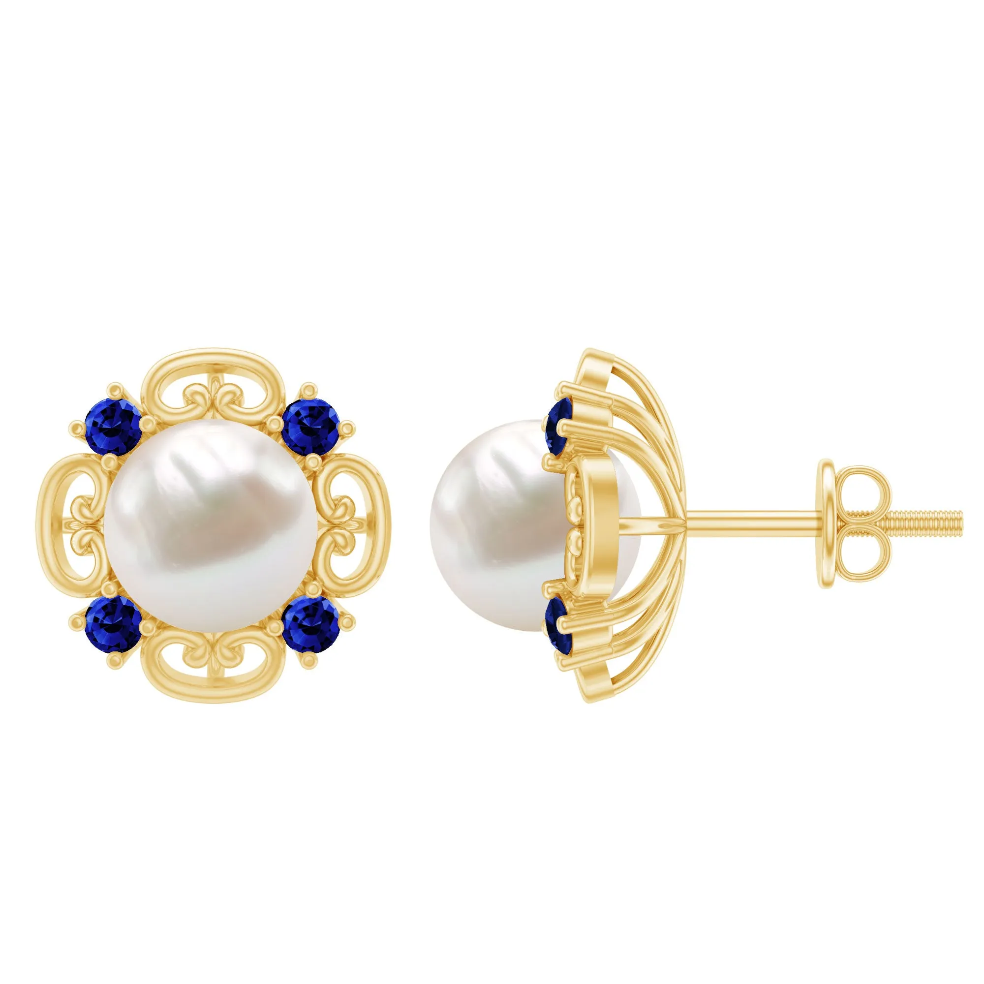 Vintage Freshwater Pearl Stud Earrings with Created Blue Sapphire