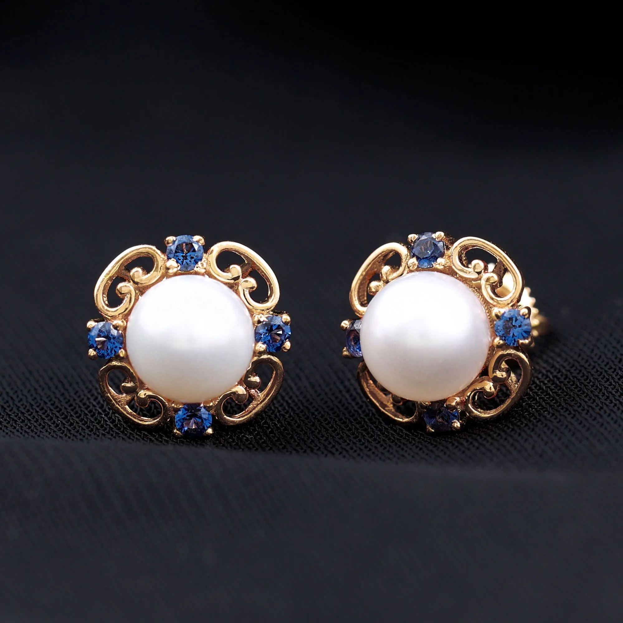 Vintage Freshwater Pearl Stud Earrings with Created Blue Sapphire