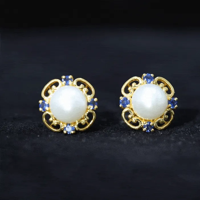 Vintage Freshwater Pearl Stud Earrings with Created Blue Sapphire