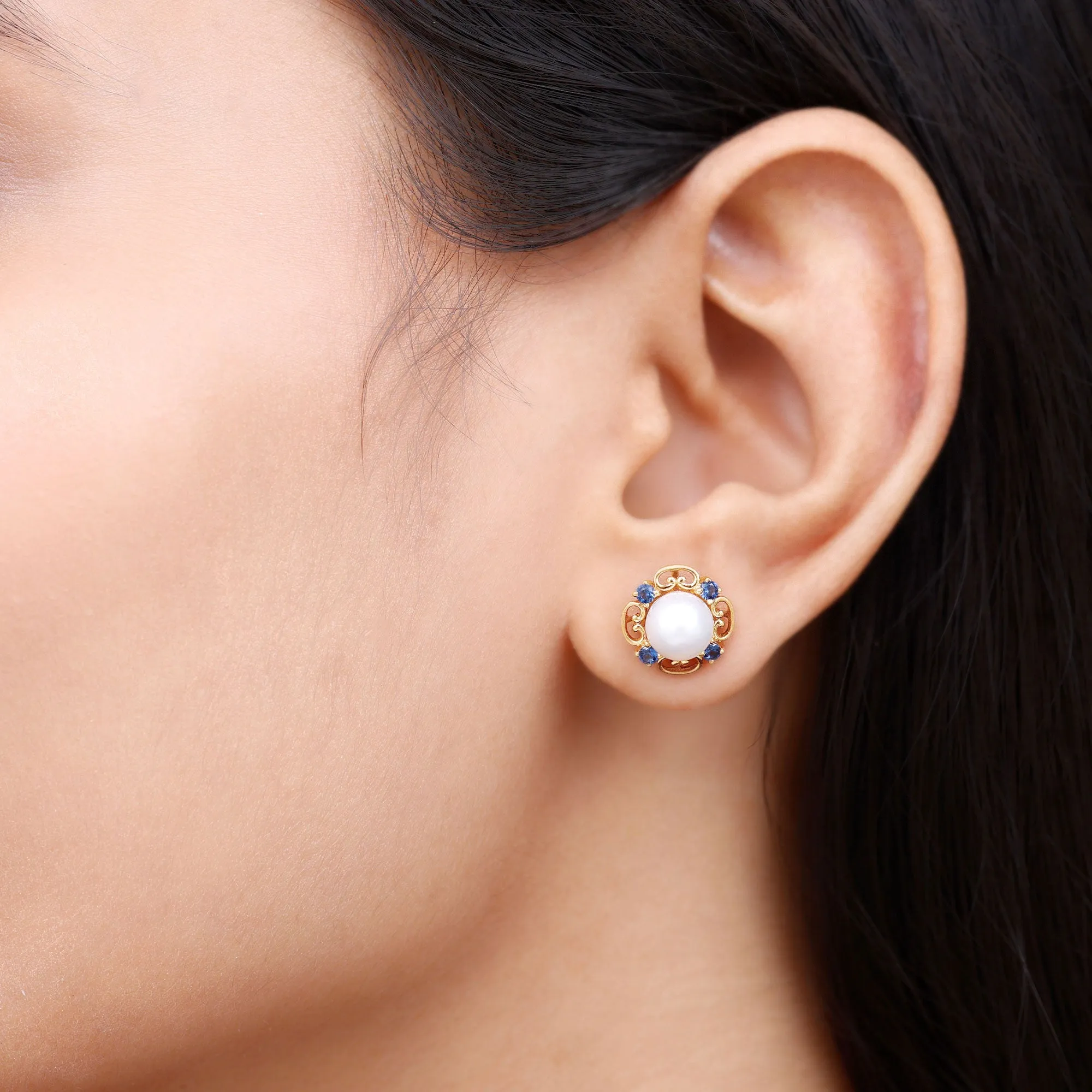 Vintage Freshwater Pearl Stud Earrings with Created Blue Sapphire