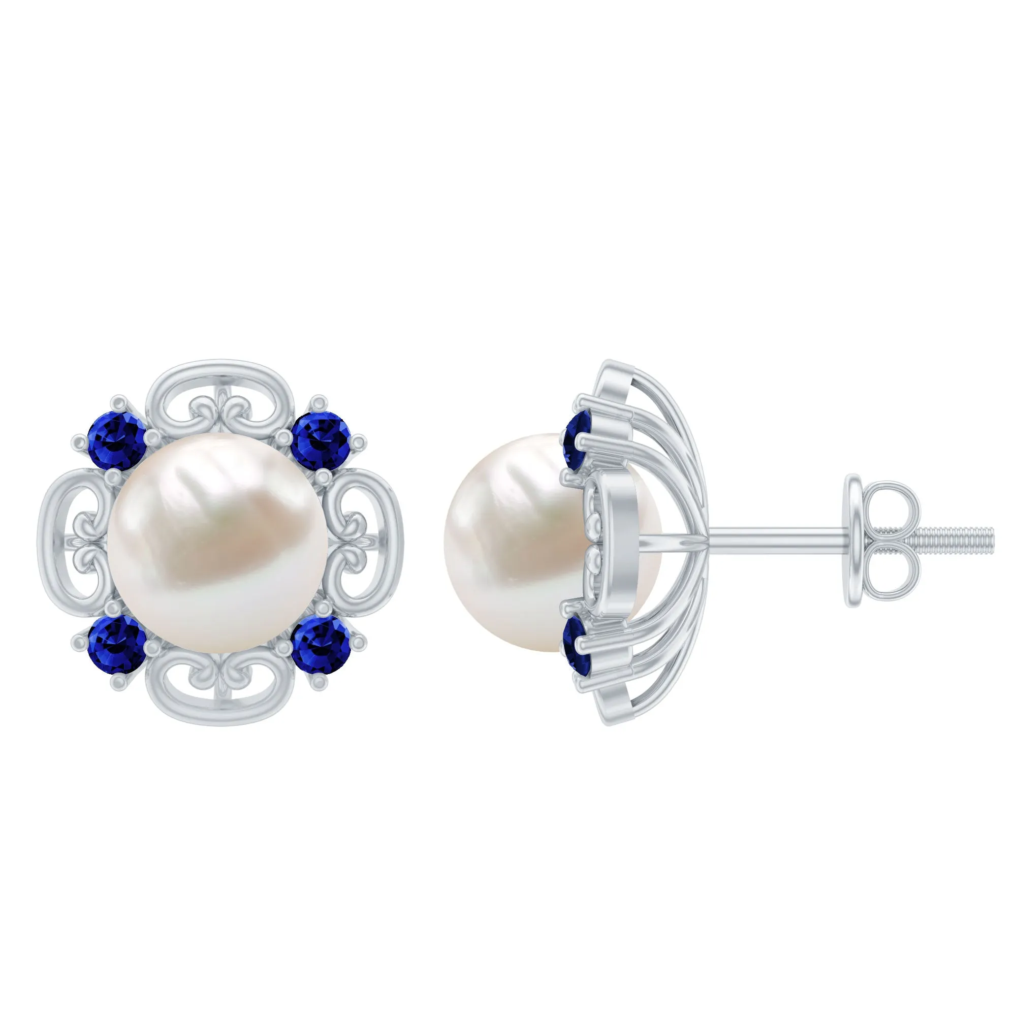 Vintage Freshwater Pearl Stud Earrings with Created Blue Sapphire