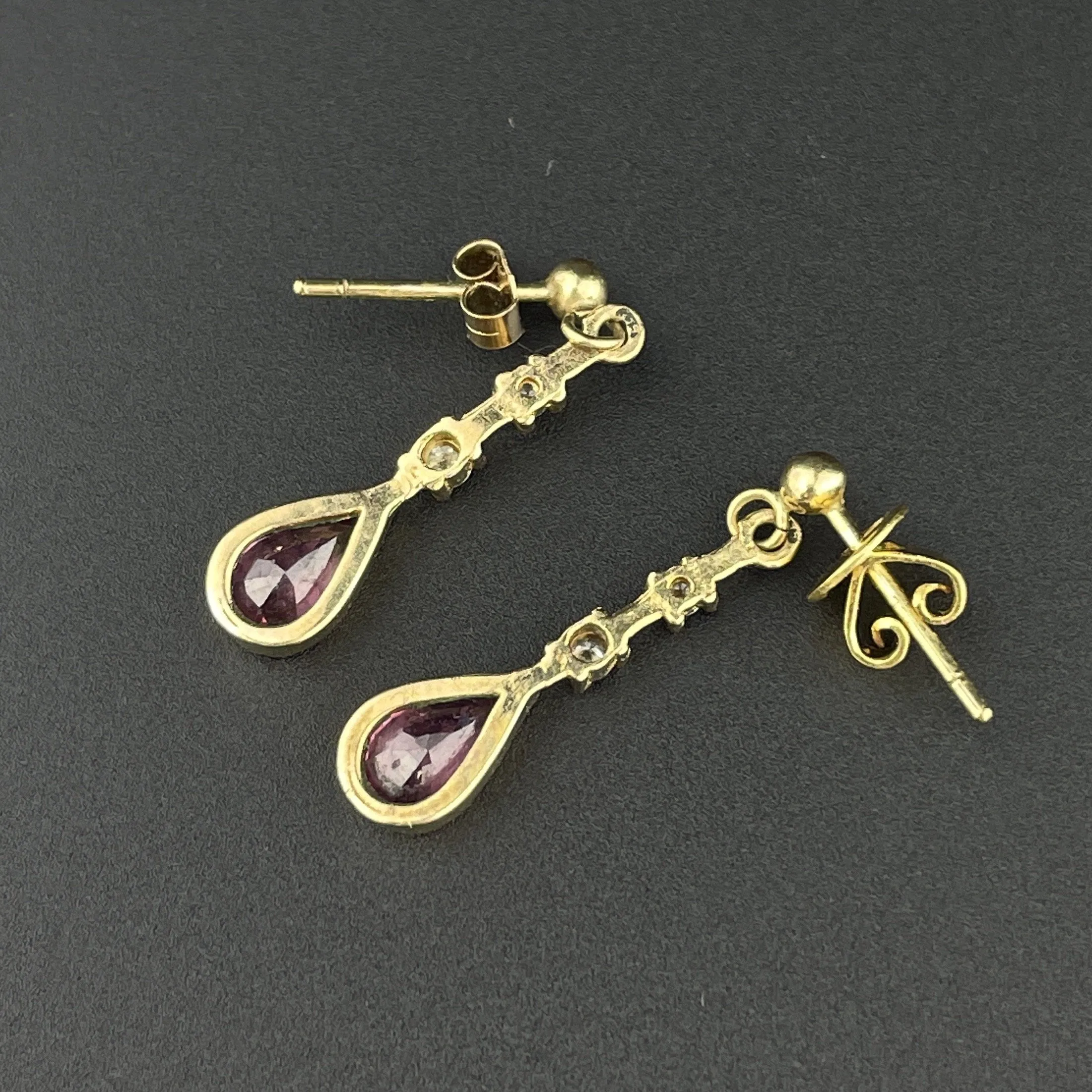 Vintage Gold Post Tourmaline Diamond Dangle Earrings