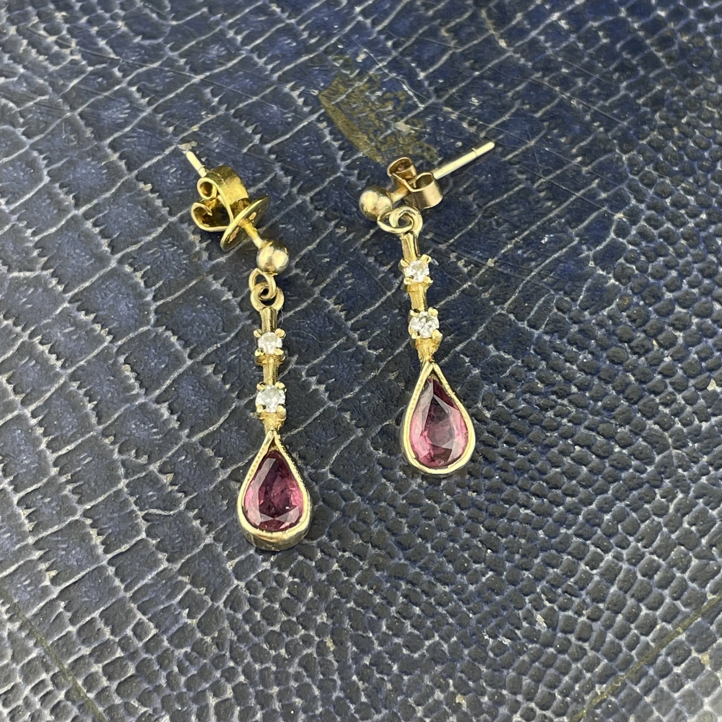 Vintage Gold Post Tourmaline Diamond Dangle Earrings