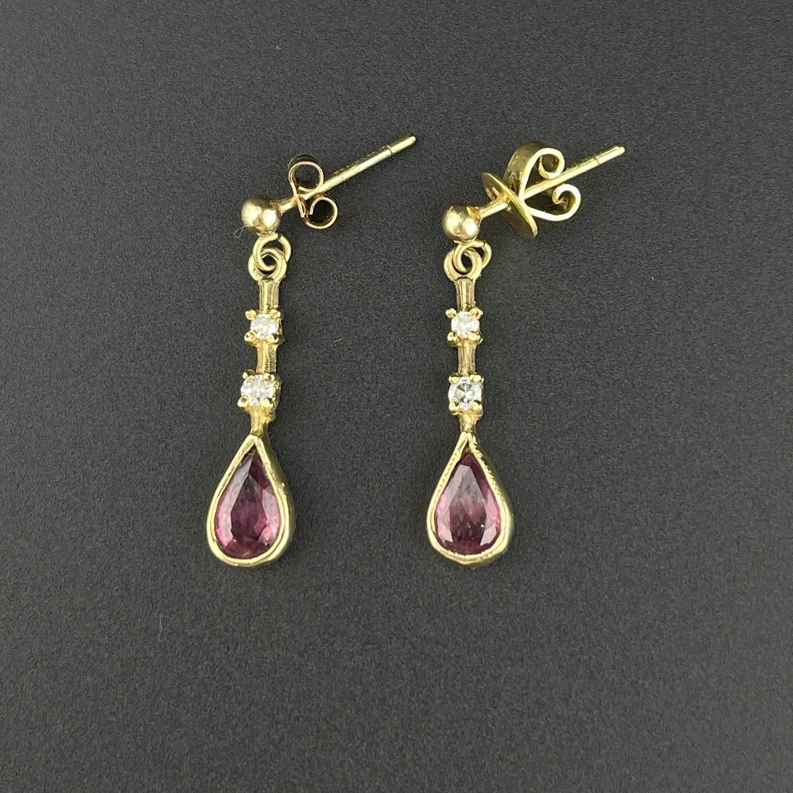 Vintage Gold Post Tourmaline Diamond Dangle Earrings