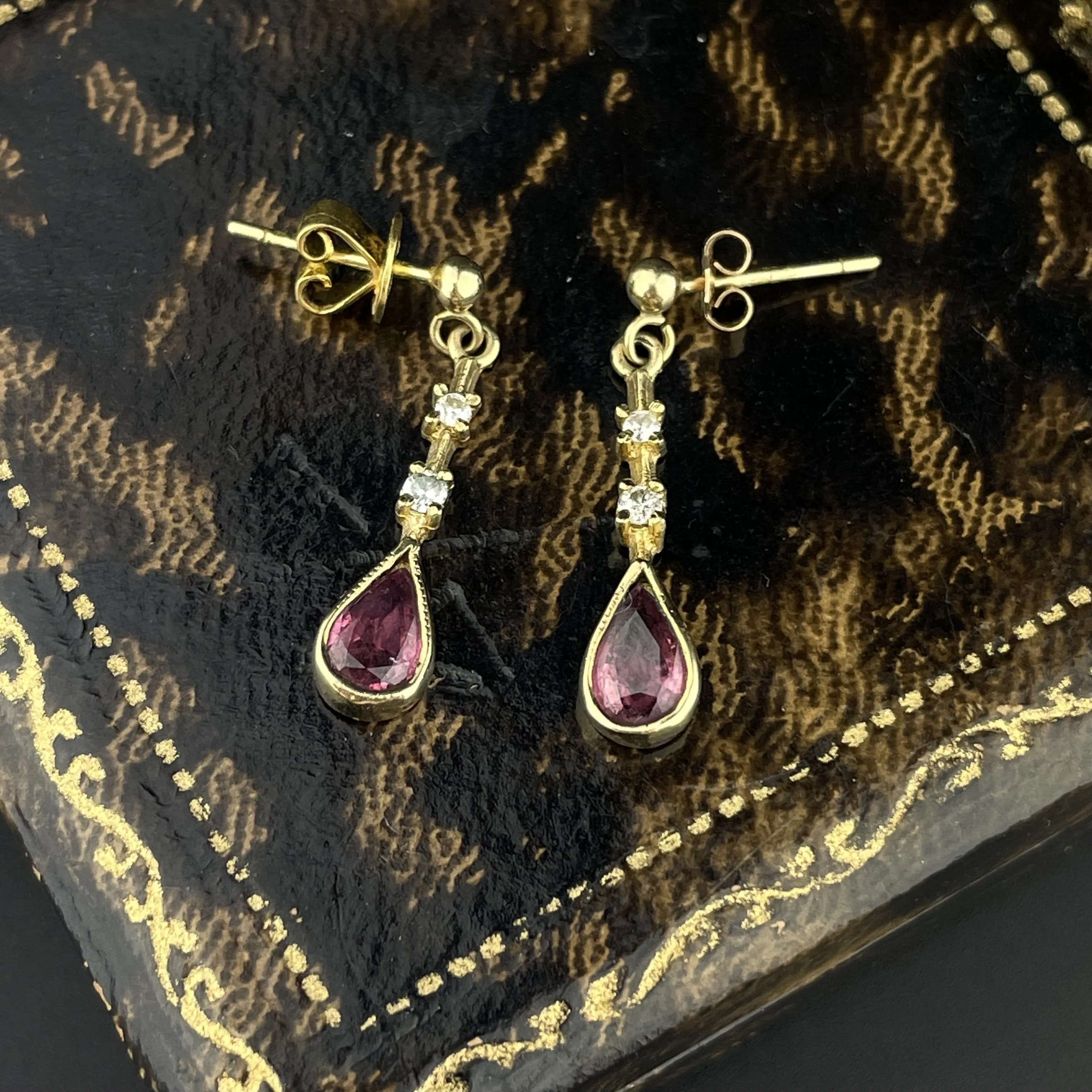 Vintage Gold Post Tourmaline Diamond Dangle Earrings