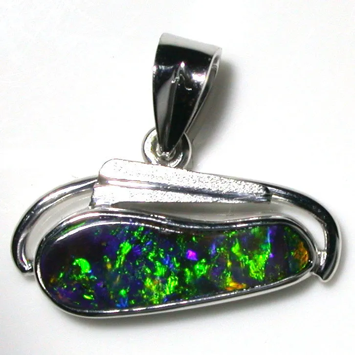 Vivid green and blue solid boulder opal pendant in 18K white gold