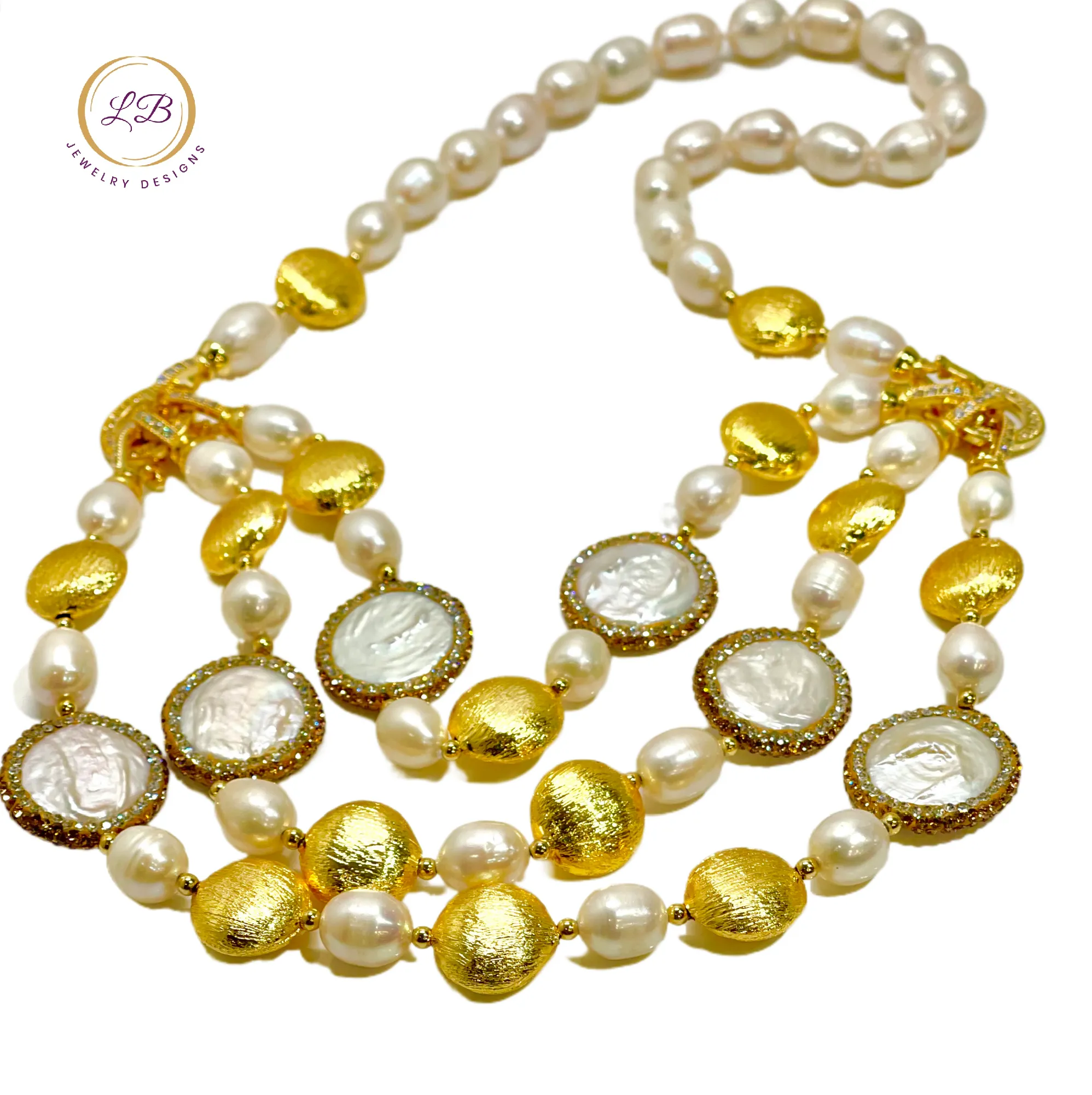 White Rice Cultured Pearls & Brushed Gold Vermeil Statement Necklace