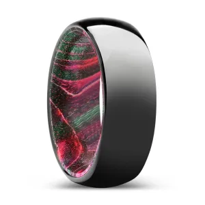 WILDWOOD | Green & Red Wood, Black Tungsten Ring, Shiny, Domed