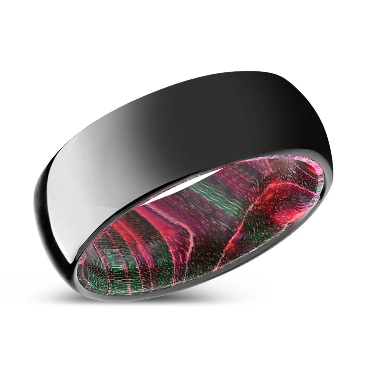 WILDWOOD | Green & Red Wood, Black Tungsten Ring, Shiny, Domed