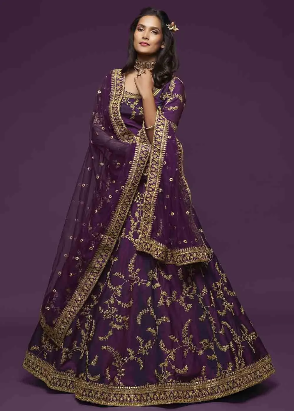 Wine Purple Silk Lehenga Choli with Intricate Embellishments