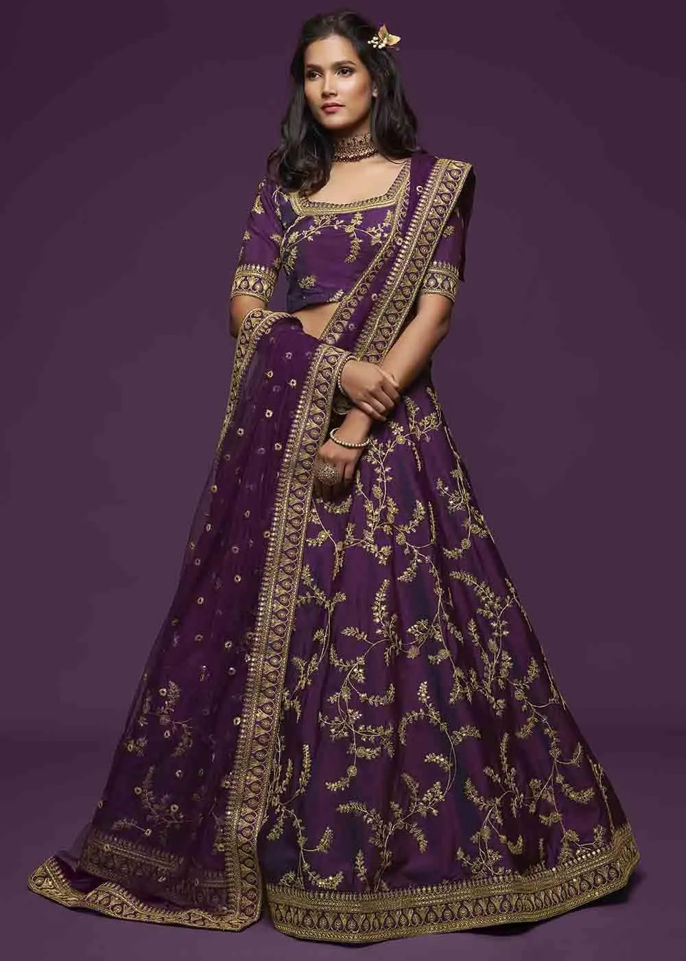 Wine Purple Silk Lehenga Choli with Intricate Embellishments