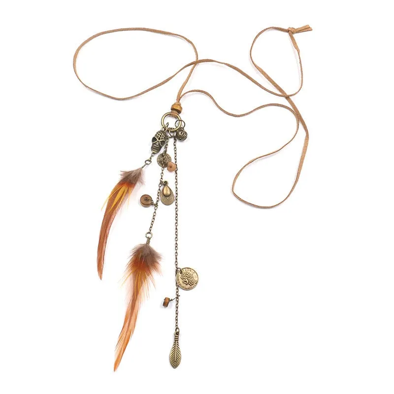 Women Bohemian Ethnic Long Chain Feather Pendant Dreamcatcher Necklace Choker Boho Clothing Jewelry