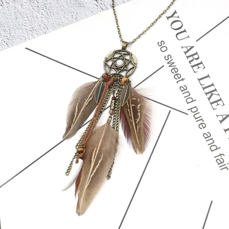 Women Bohemian Ethnic Long Chain Feather Pendant Dreamcatcher Necklace Choker Boho Clothing Jewelry