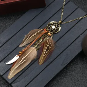 Women Bohemian Ethnic Long Chain Feather Pendant Dreamcatcher Necklace Choker Boho Clothing Jewelry