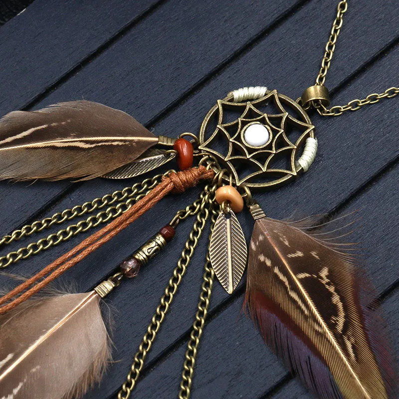 Women Bohemian Ethnic Long Chain Feather Pendant Dreamcatcher Necklace Choker Boho Clothing Jewelry