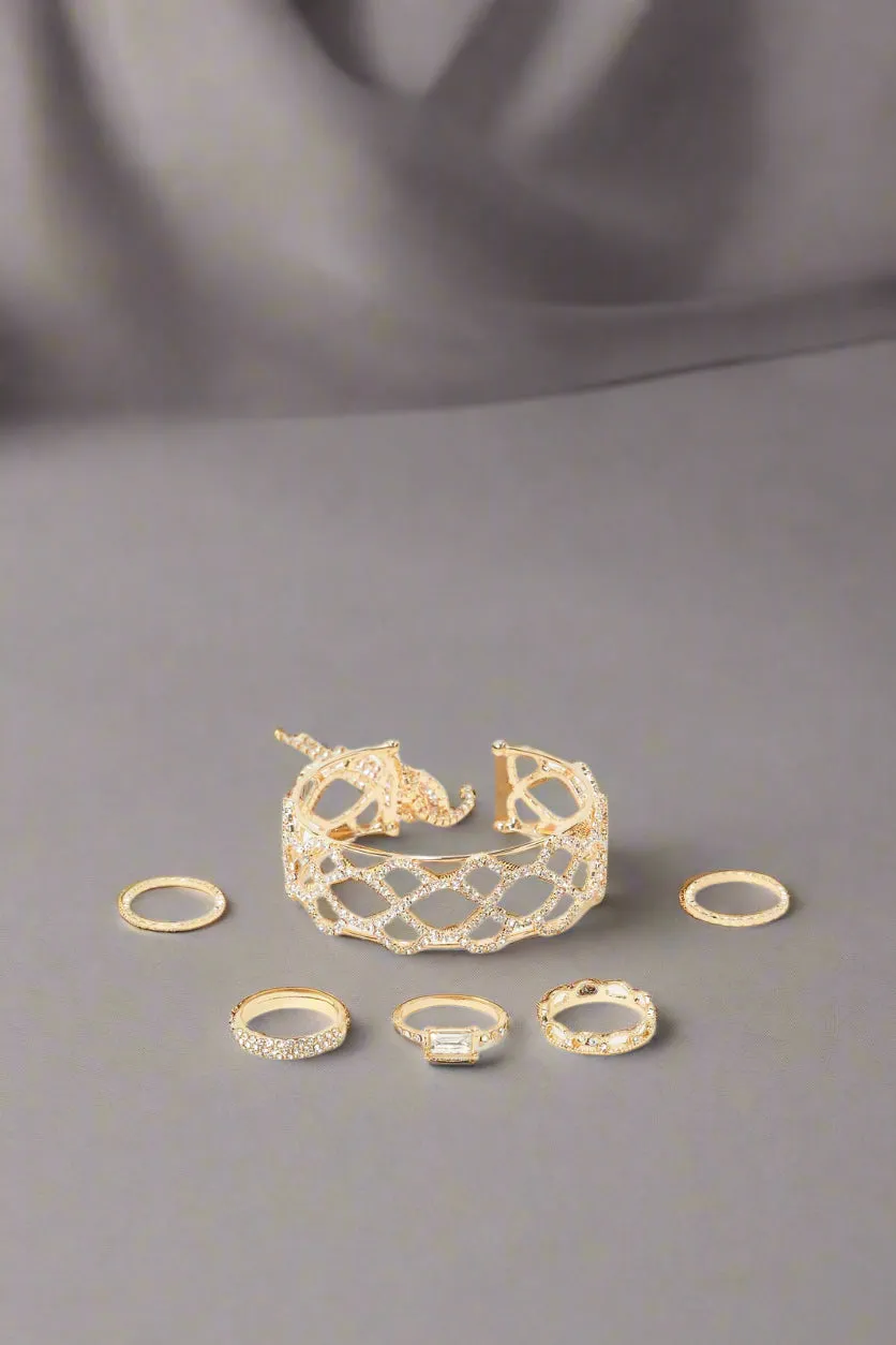 Women Gold Bracelet And Rings (6 Piece)