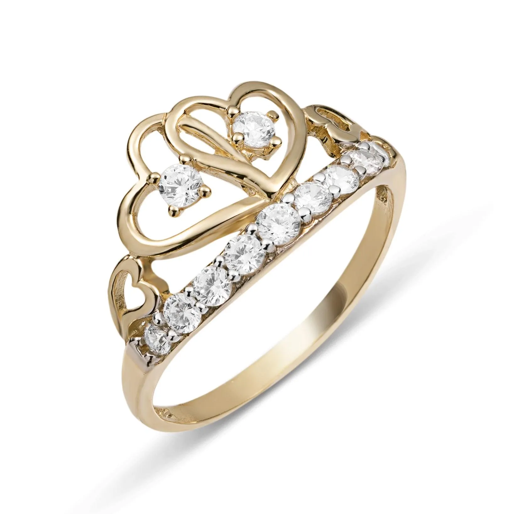 Women's CZ Crown Heart Ring 10K Yellow Gold