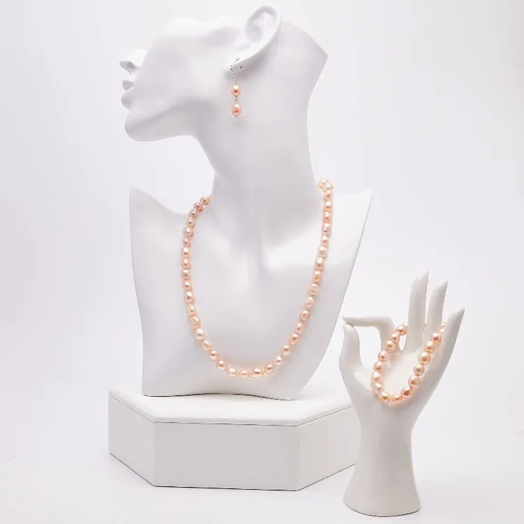 Women's Pearl Necklace Bracelet and Earrings Set Colour Choice: Pink/White/Black/Grey