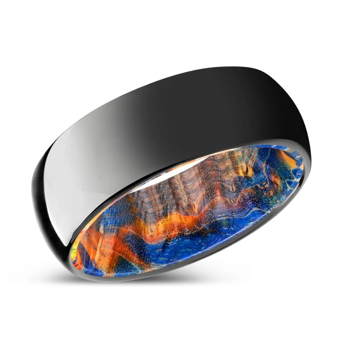 WOODLAND | Blue & Yellow/Orange Wood, Black Tungsten Ring, Shiny, Domed