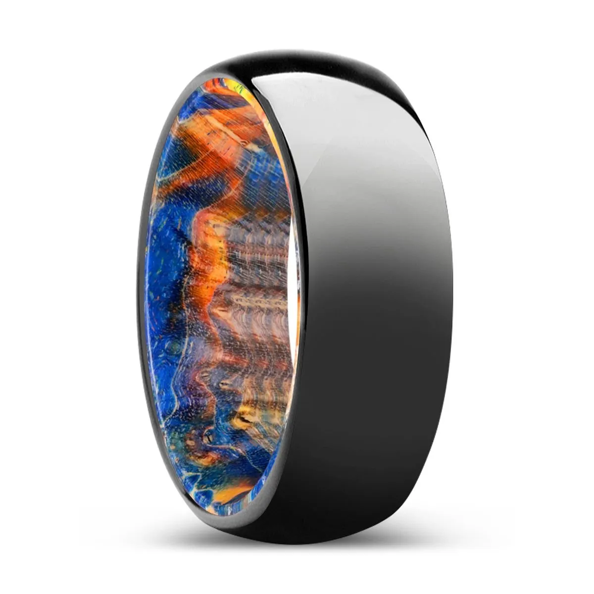 WOODLAND | Blue & Yellow/Orange Wood, Black Tungsten Ring, Shiny, Domed