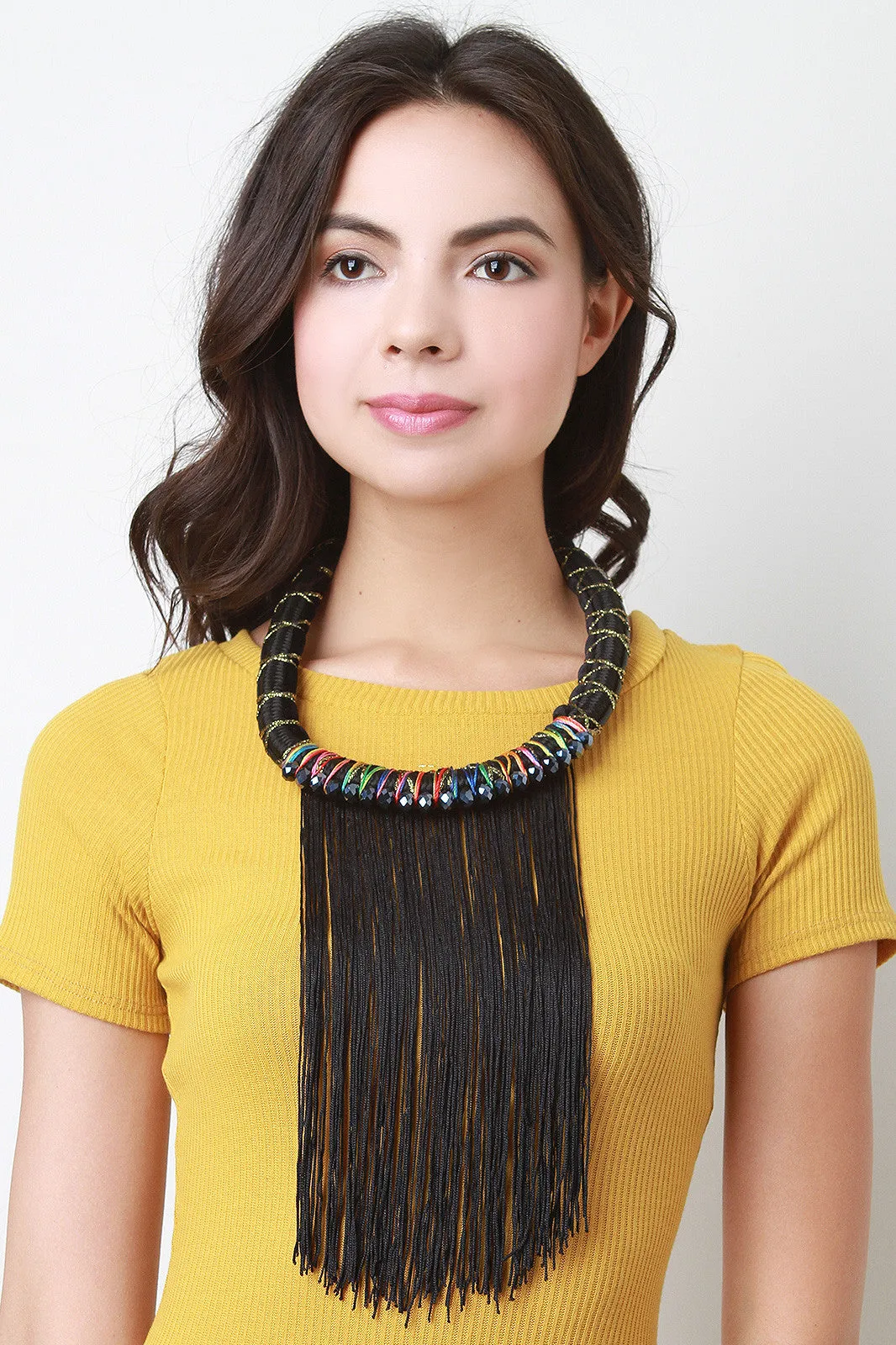 Wrapped Cord Fringe Statement Necklace